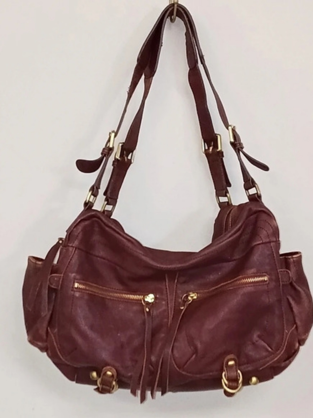 Sorial Distressed Slouchy Leather Burgundy Brown Hobo Shoulder Bag Boho Zipper
